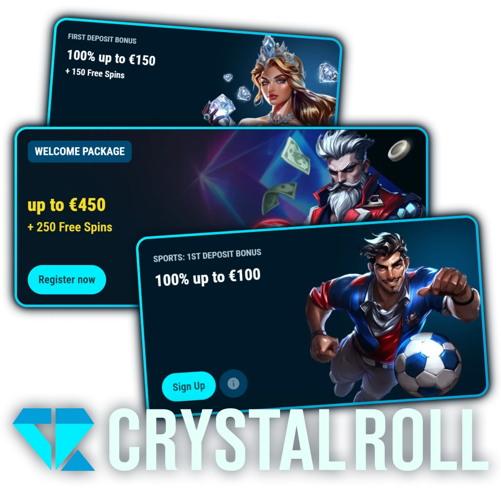 Ontvang welkomstbonussen voor casino of sport na registratie bij Crystalroll.