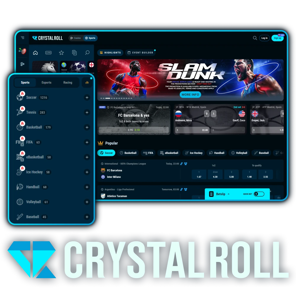 Crystalroll biedt een verscheidenheid aan sportevenementen om op te wedden.