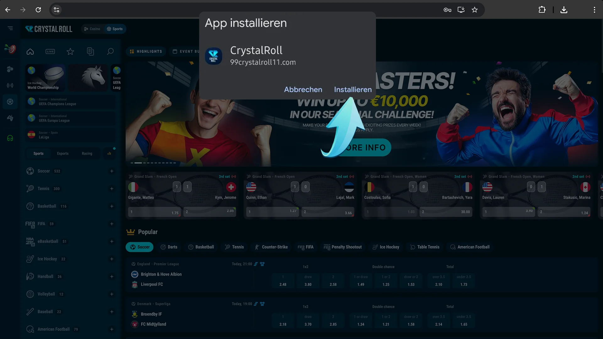 Bevestig de installatie van CrystalRoll als PWA en begin te spelen.