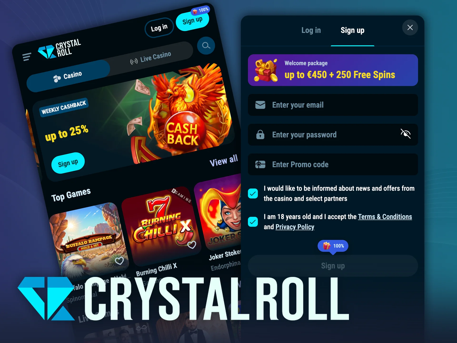 Registreer via de CrystalRoll app en start met spelen.